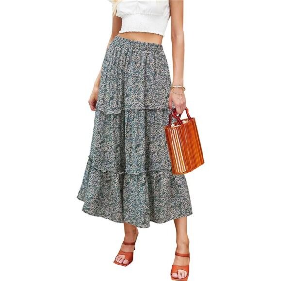 Women's Floral Midi Skirts Elastic High Waist A-Line Swing Skirts - Picture 1 of 7